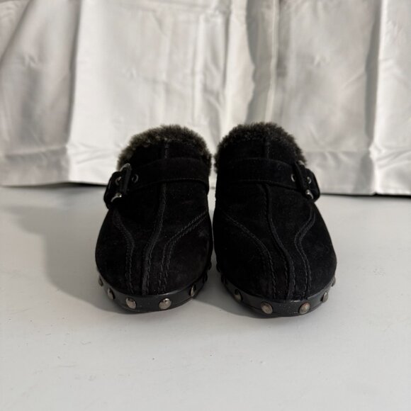 Stuart Weitzman Black Suede Shearling Clog Mules | Women’s 6 - Picture 2 of 13